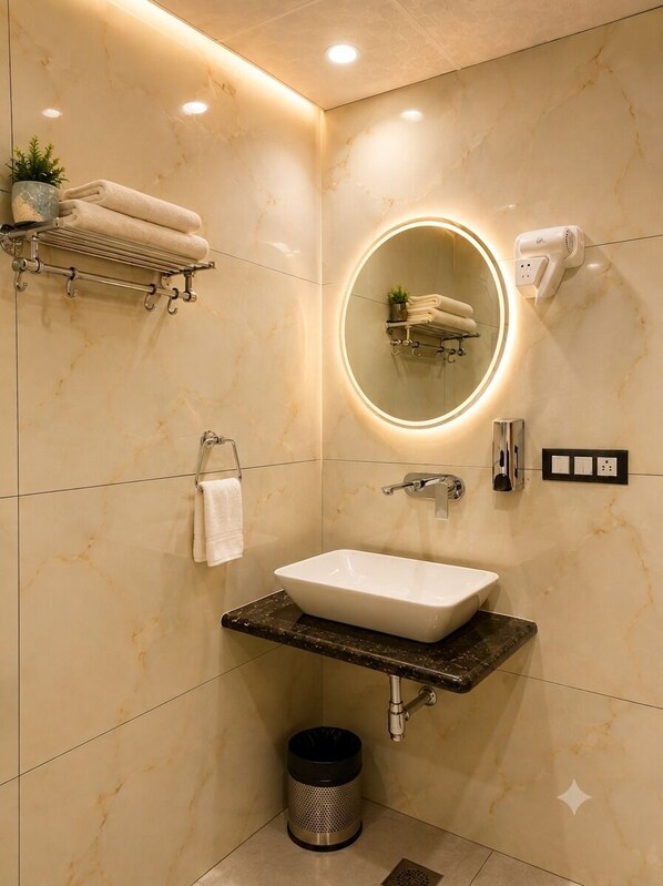 A modern bathroom with a large mirror, a sink, towel racks, and a trash can. - Dream House Club And Resort (Gonda)