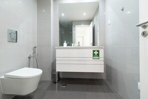 Chuveiro, secador de cabelo, toalhas de banho 