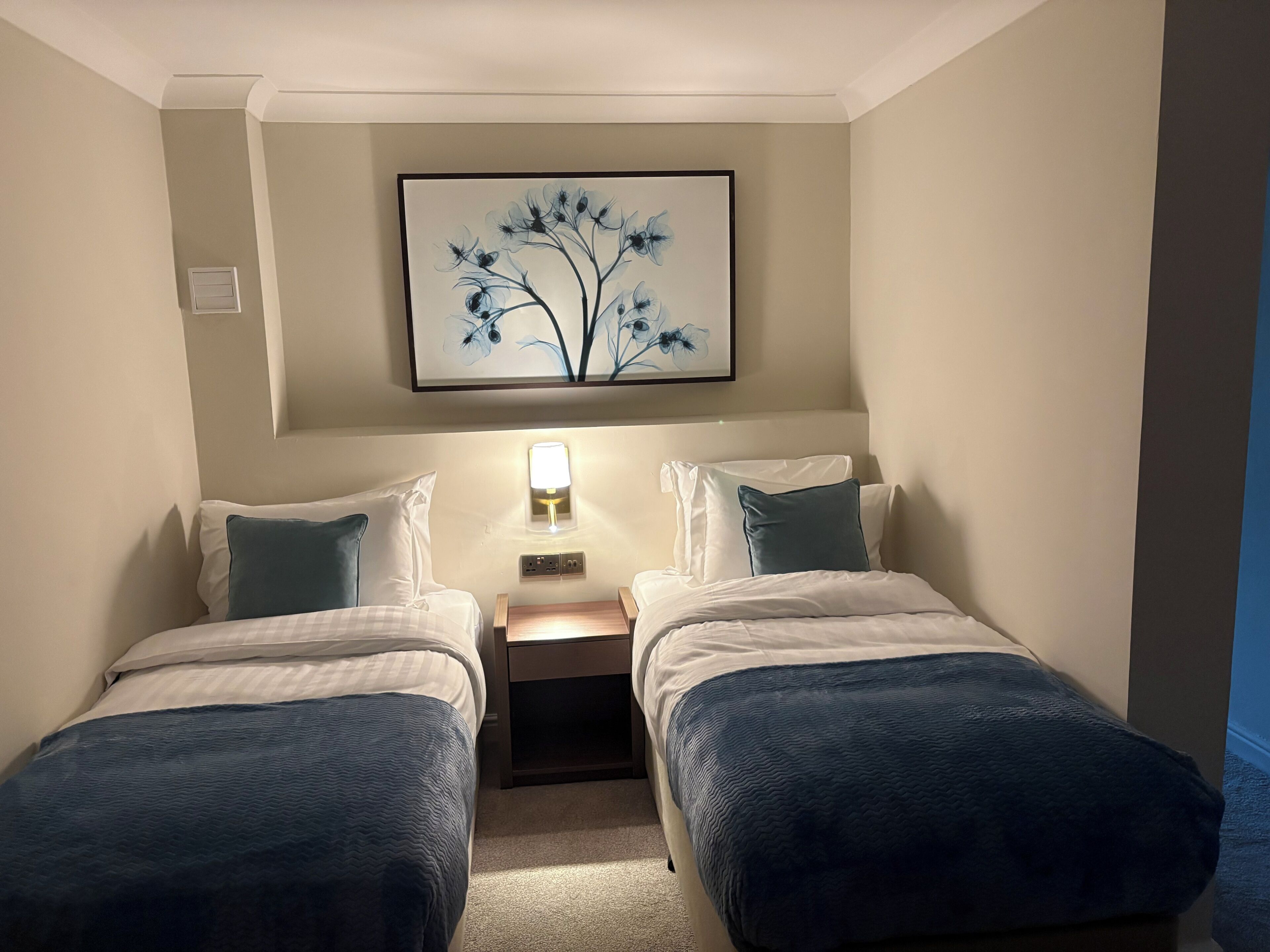 Quarto de hotel com duas camas de solteiro, uma mesa de cabeceira com abajur, uma obra de arte na parede e uma janela pequena.