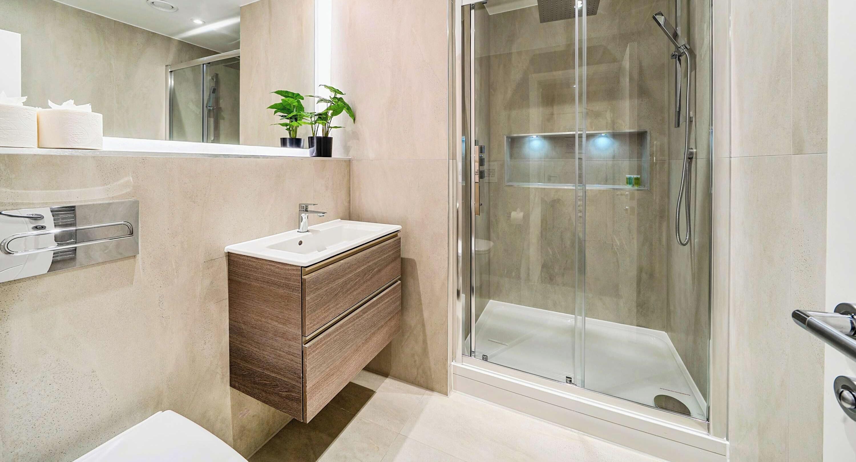 Shower, hair dryer, towels