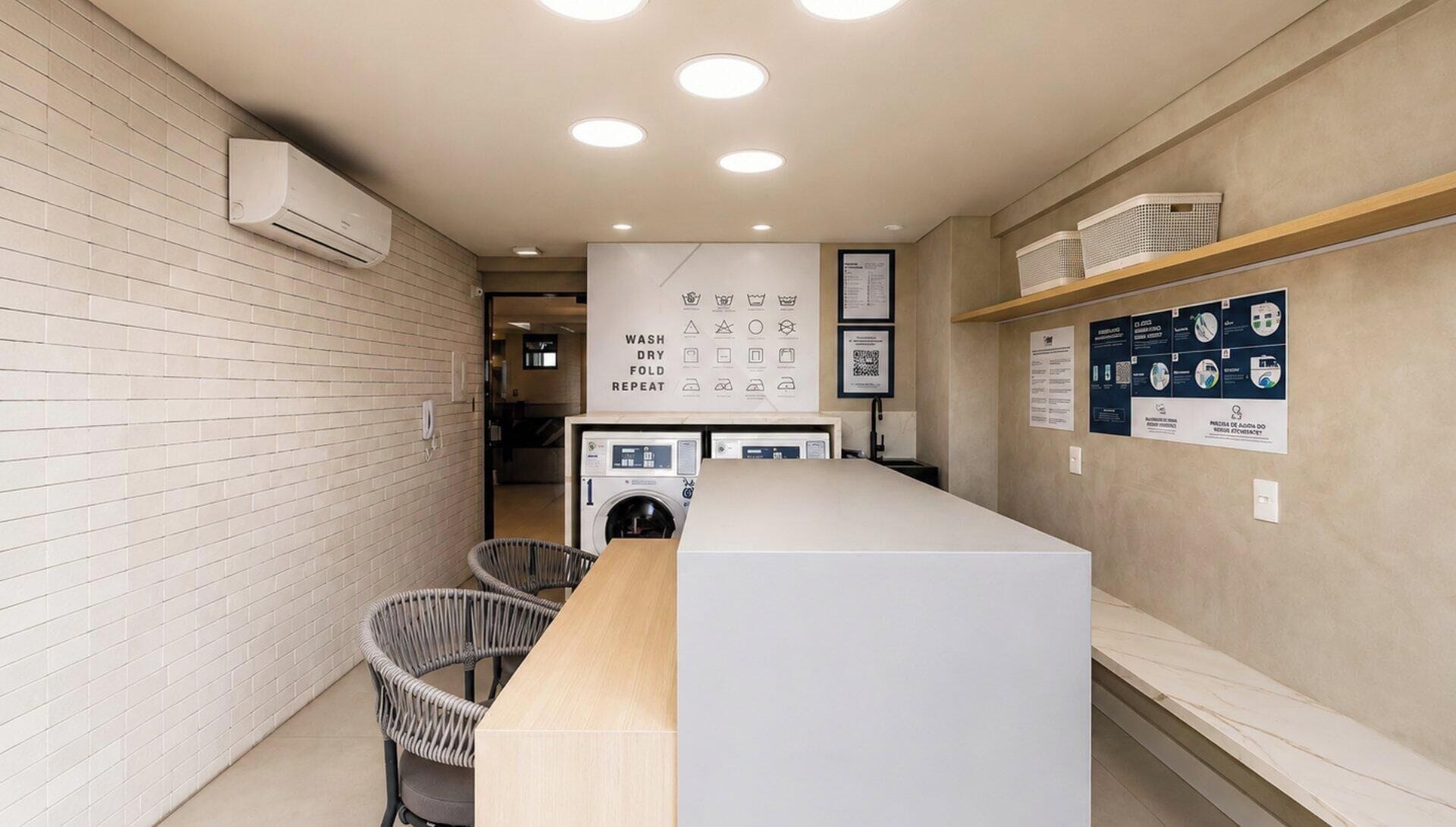 A public washroom with a washing machine, a drying station, and a seating area with chairs.