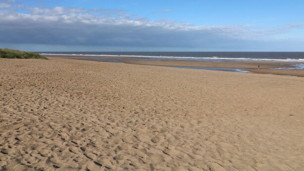 Une vaste plage de sable fin, avec des vagues douces et un ciel dégagé.