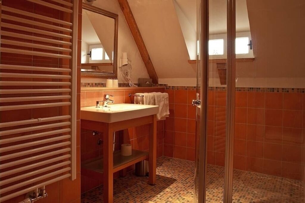 Shower, hair dryer, towels, toilet paper