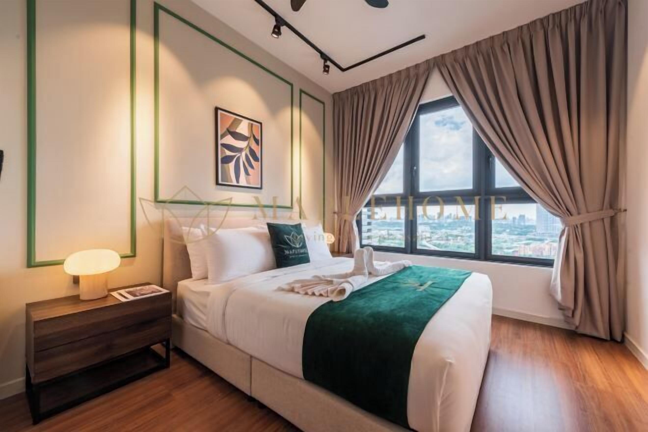 Desk, laptop workspace, blackout curtains, iron/ironing board