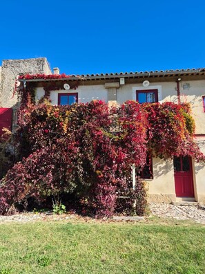Un edificio con puerta y ventanas rojas, cubierto de hiedra roja y rosa.