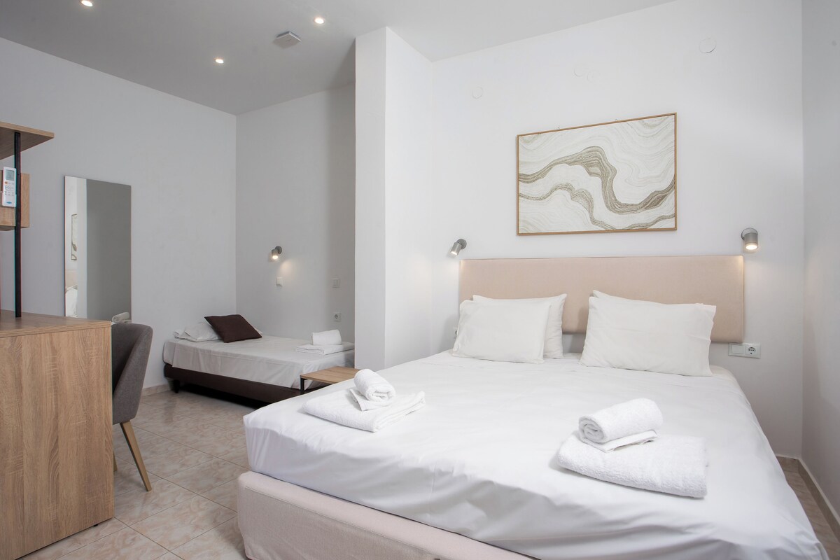 Habitación de hotel con una cama grande, una cama más pequeña, un escritorio y una silla.