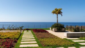 A landscaped pathway leading to a palm tree, with a view of the sea. - Private Heated Pool • Garden • Gym • Near the Sea (Funchal)
