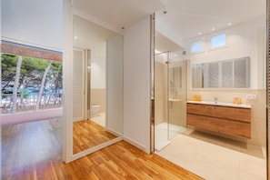 Shower, hair dryer, towels