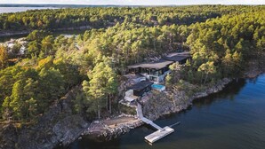 A lakeside cabin with a dock, surrounded by dense forest.