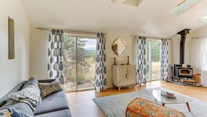 A modern living room with a sofa, a coffee table, and a fireplace. - Outdoor Adventure Haven - 15 Mi to Mount Shasta! (Weed)