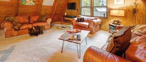 A cozy log cabin interior with two leather sofas, a coffee table, and a television.