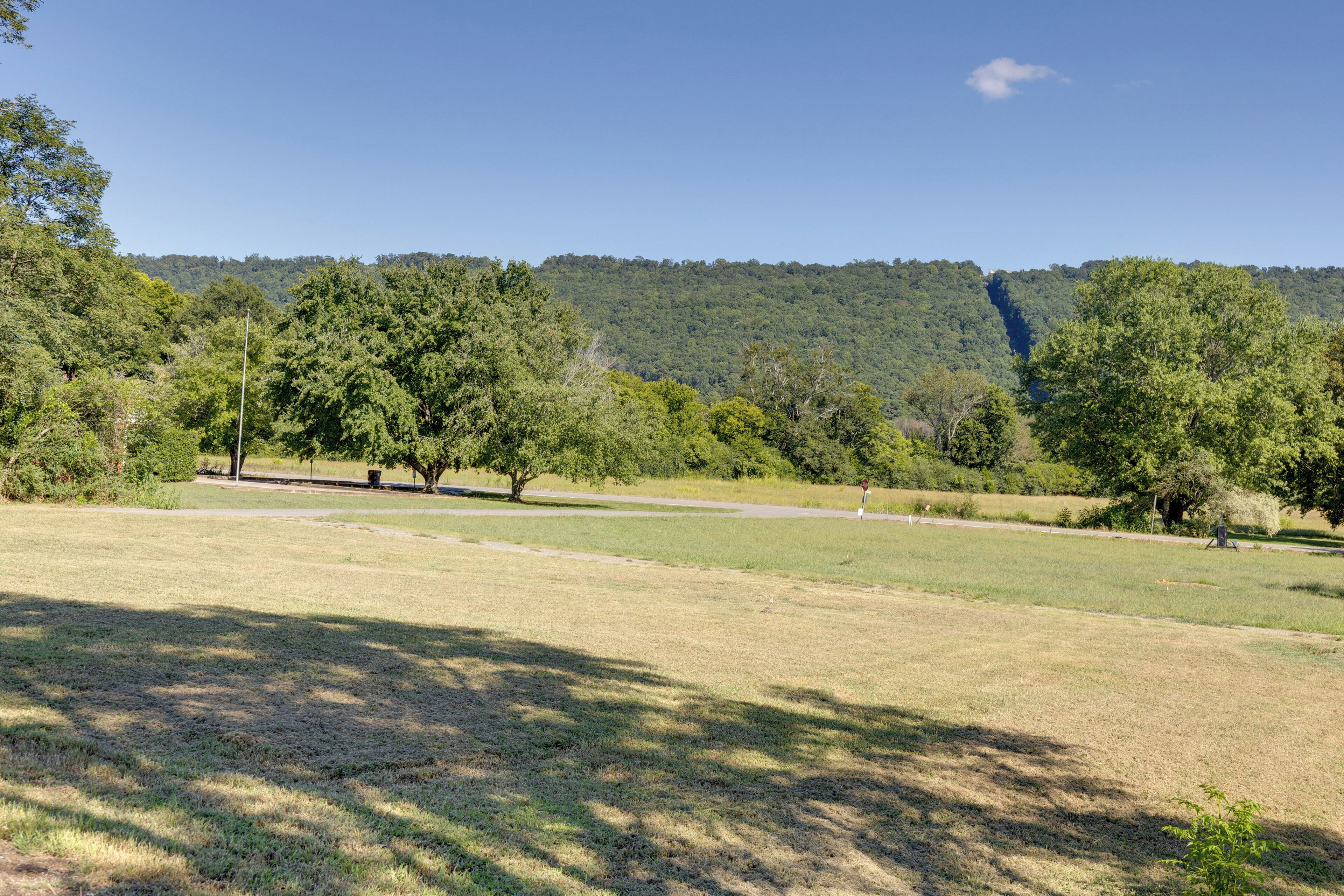 A park with open grassy areas, trees, and a hill in the background.