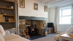 Un salon chaleureux avec une cheminée en pierre, une bibliothèque, un téléviseur et des fauteuils confortables.