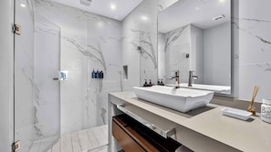 Shower, hair dryer, towels