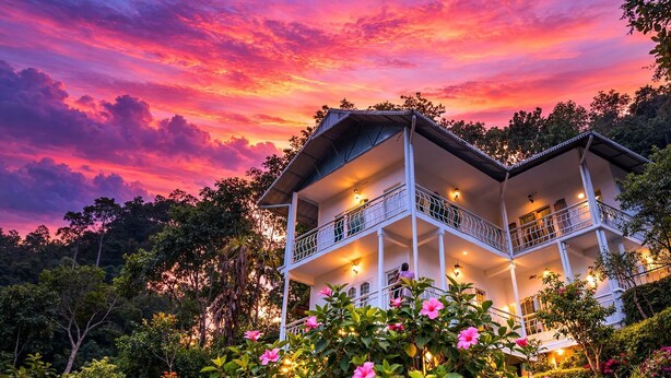 A two-story building with balconies, surrounded by lush greenery and flowering plants. - Nature Harmony (Udumbanchola)