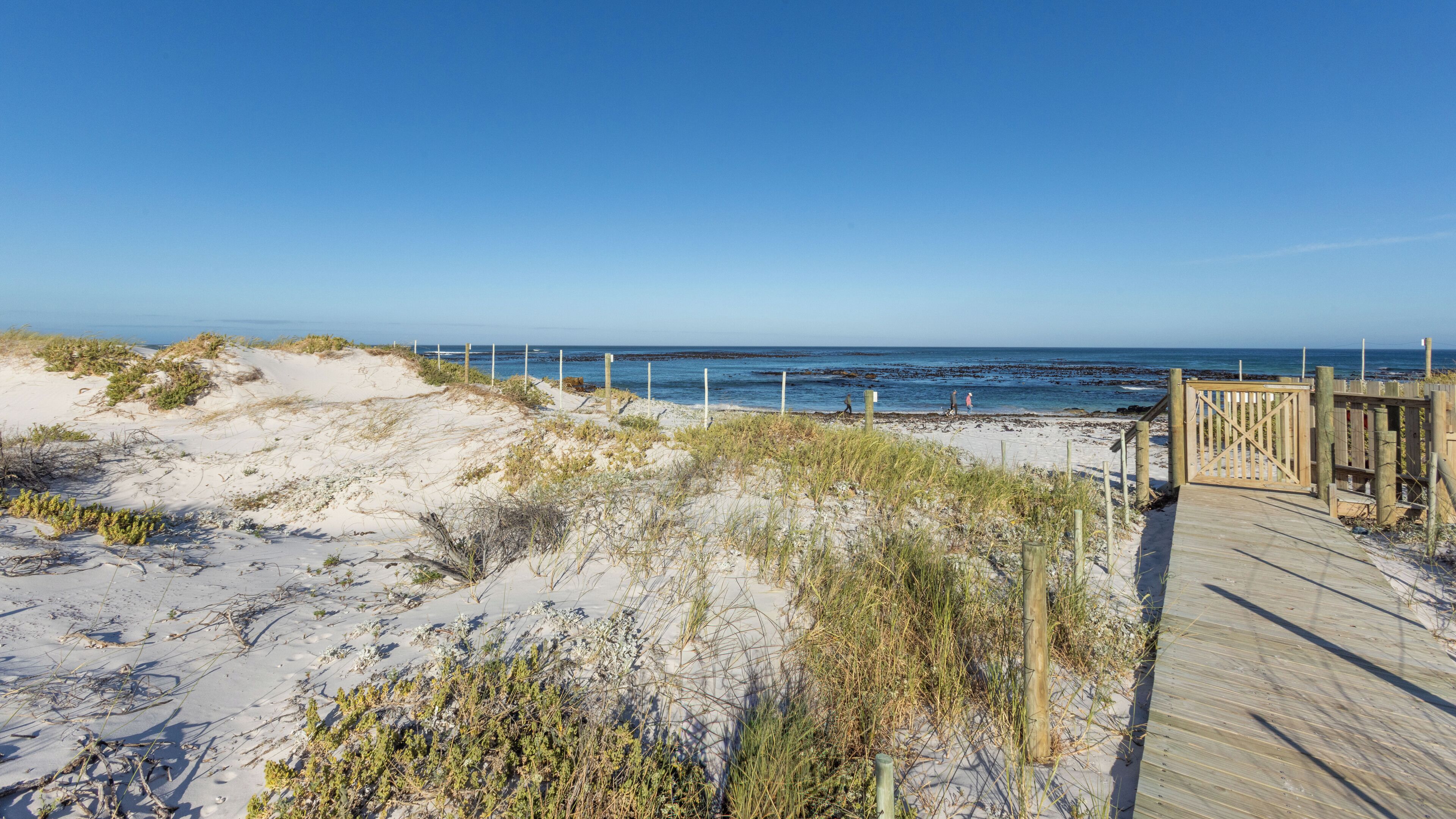 A sandy beach with a wooden boardwalk leading to the ocean.