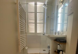 Douche, séchoir à cheveux, serviettes fournies