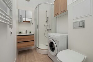 Shower, hair dryer, towels