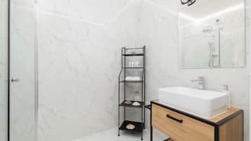 Dusche, Haartrockner, Handtücher, Shampoo