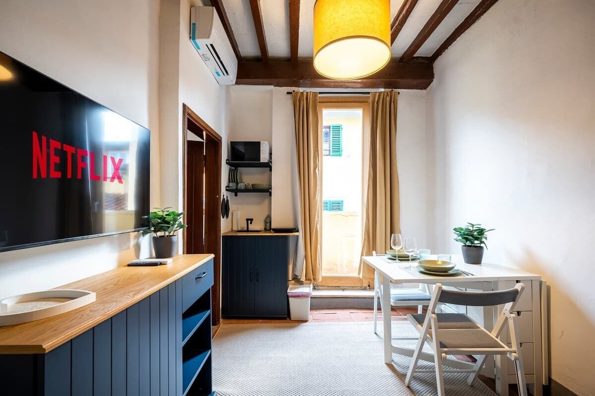 Ein gemütlicher Raum mit Holztisch, einem Fernseher, der „NETFLIX“ anzeigt, einer kleinen Küchenzeile, einer Essecke mit Tisch und Stühlen sowie einem Fenster mit Vorhängen.