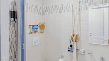 Dusche, Haartrockner, Handtücher, Shampoo