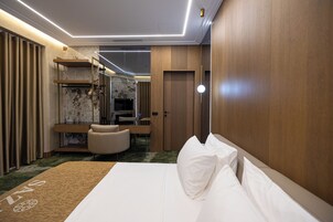 Una habitación de hotel con una cama, una zona de estar, televisión y un armario.