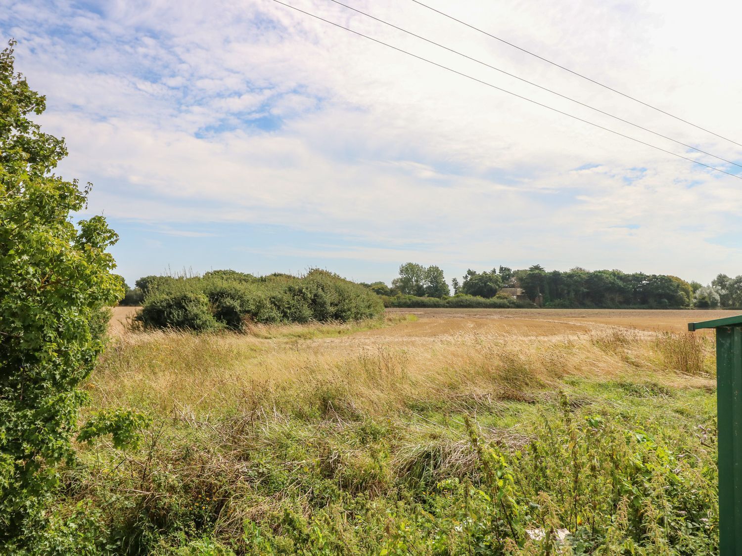 A rural landscape with a field, trees, and a distant building.