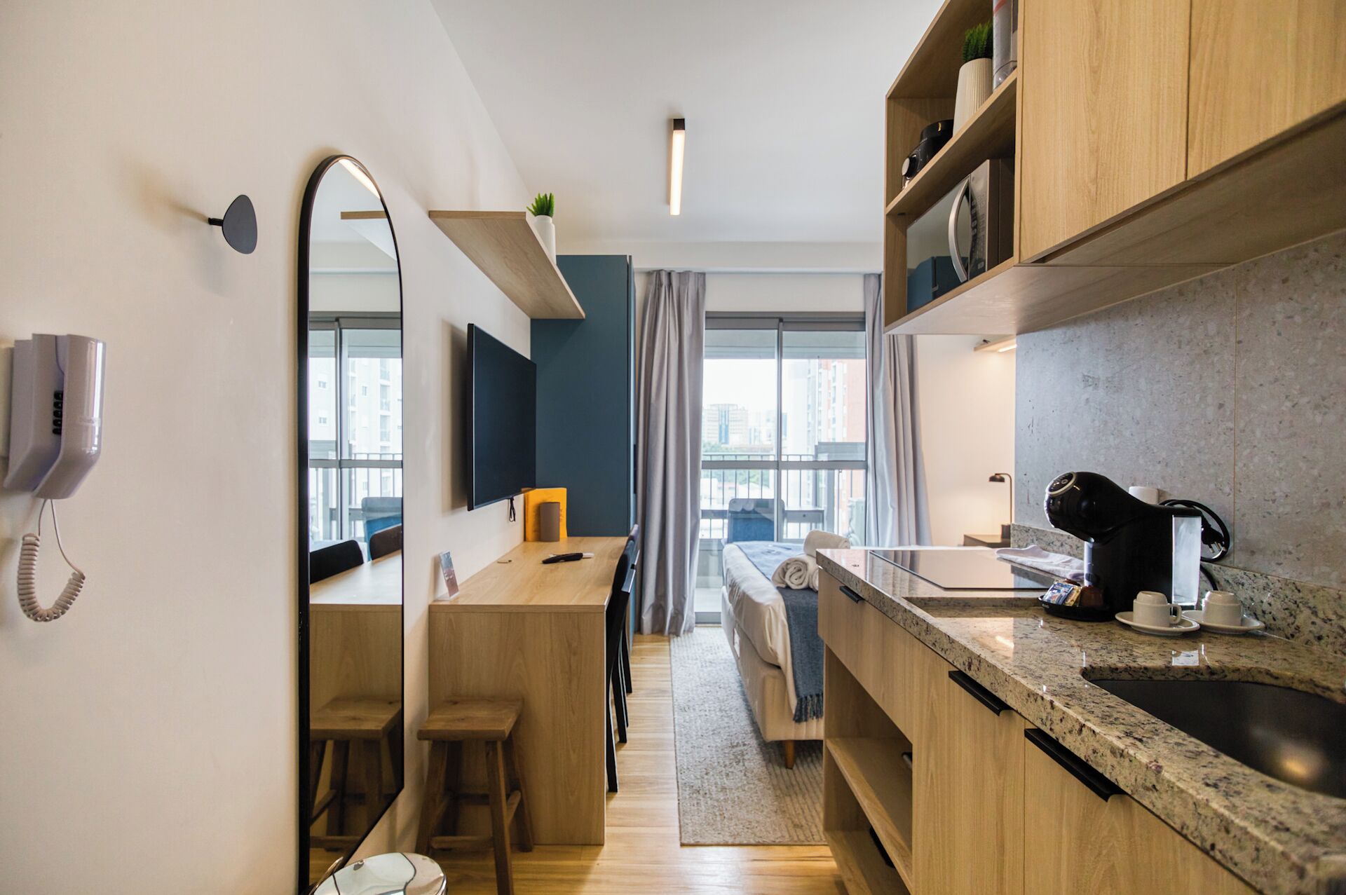 Fridge, microwave, stovetop, cookware/dishes/utensils