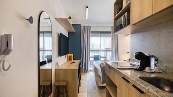 Fridge, microwave, stovetop, cookware/dishes/utensils