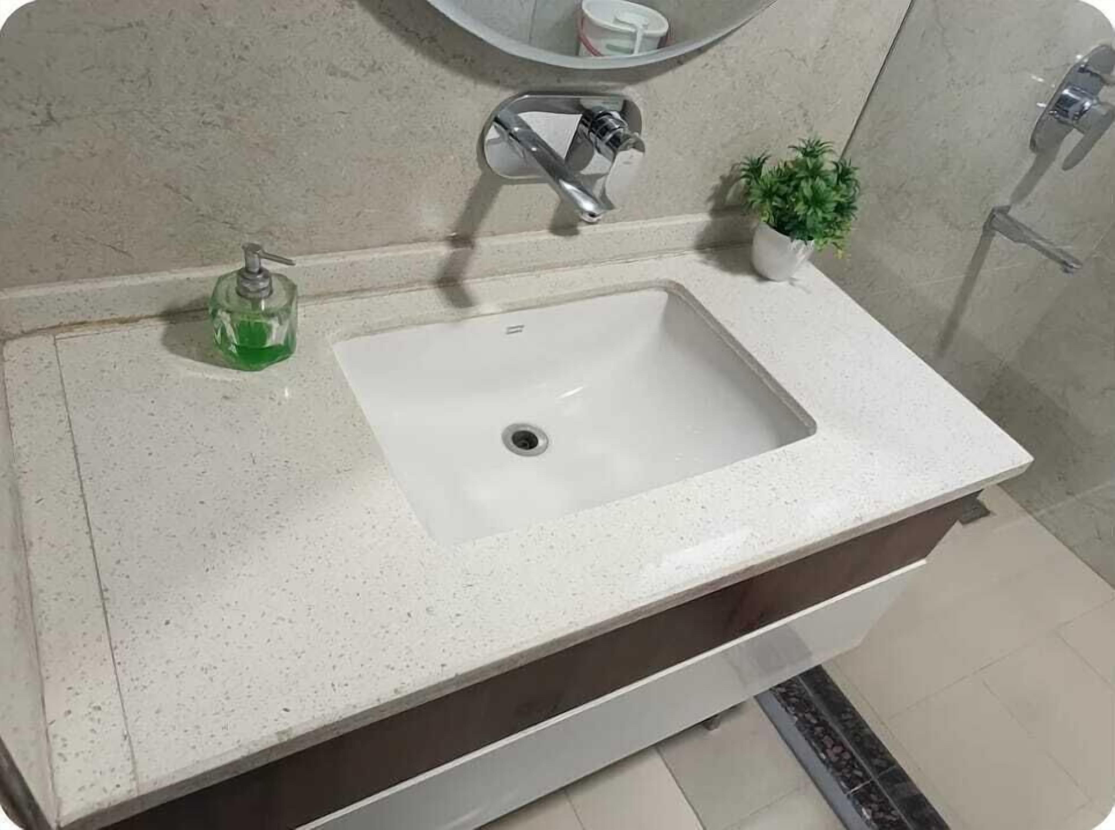 Un baño con lavamanos blanco, un espejo, un grifo, dispensador de jabón y una pequeña planta en maceta.