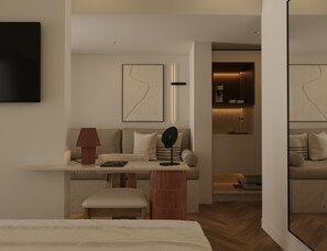 Suíte júnior, vista para a cidade | Frigobar, ferros/tábuas de passar roupa, Wi-Fi de cortesia