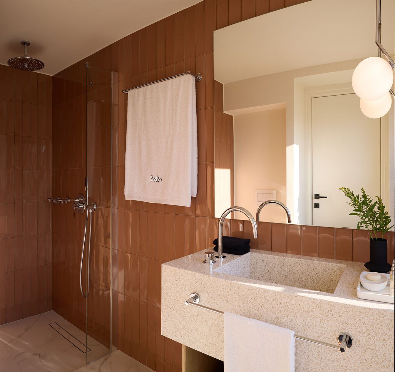 Un baño moderno con cabina de ducha de vidrio, un espejo grande, un lavabo con toallero y una planta en maceta.