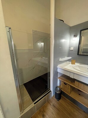 Shower, hair dryer, towels