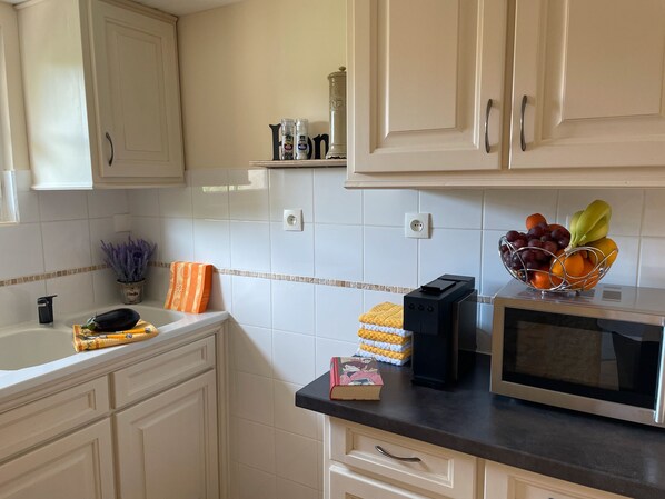 Fridge, microwave, stovetop, coffee/tea maker