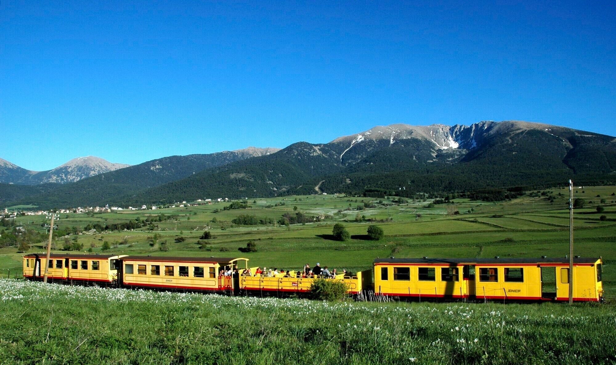 Een gele trein met passagiers rijdt door een groen landschap met bergen op de achtergrond.