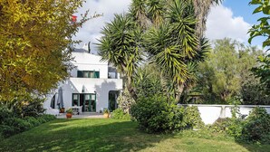 Un bâtiment blanc avec un jardin, un palmier et un mur blanc.