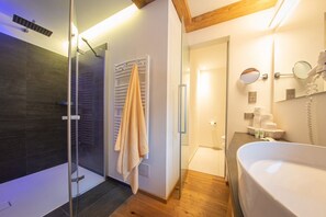 Douche, séchoir à cheveux, serviettes fournies