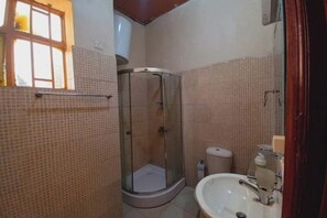 Shower, towels, soap, toilet paper