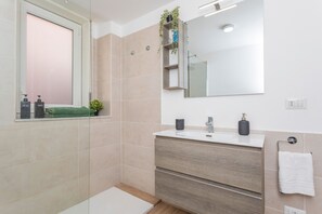 Douche, séchoir à cheveux, serviettes fournies