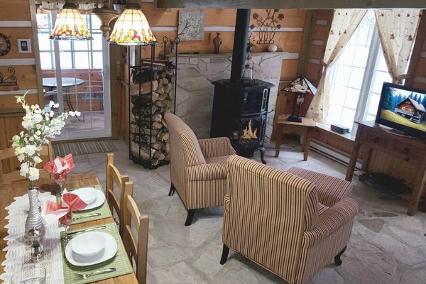Living room, with wood stove