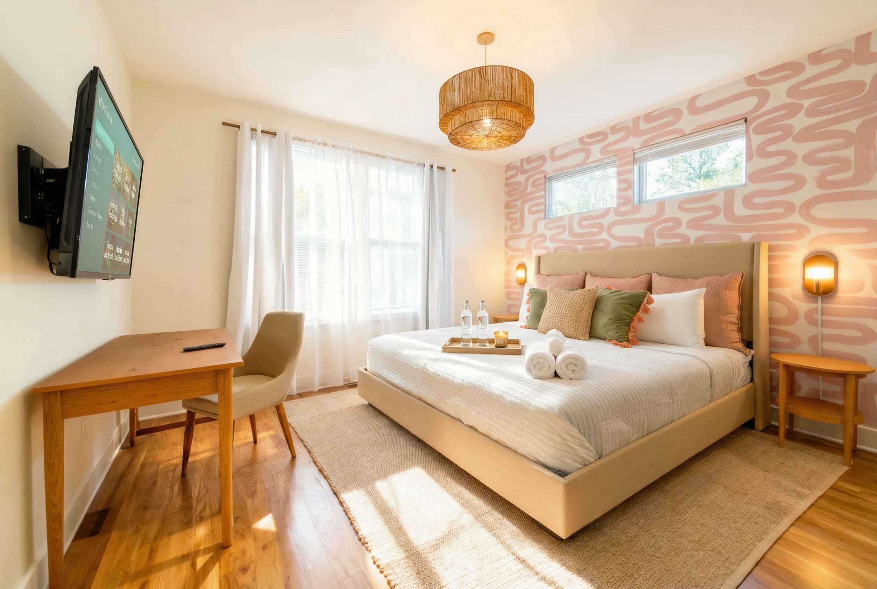 Een slaapkamer met een bed, een bureau, een stoel, een televisie en een raam.