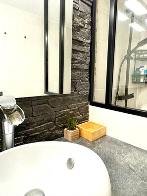 Shower, hair dryer, towels, toilet paper