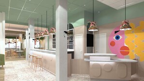 A modern interior with a bar area, seating, and a colorful wall mural. - ibis Styles Metz Centre (Ouverture Janvier 2026) (Metz)