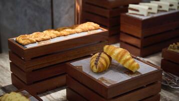 Wooden crates stacked with pastries.