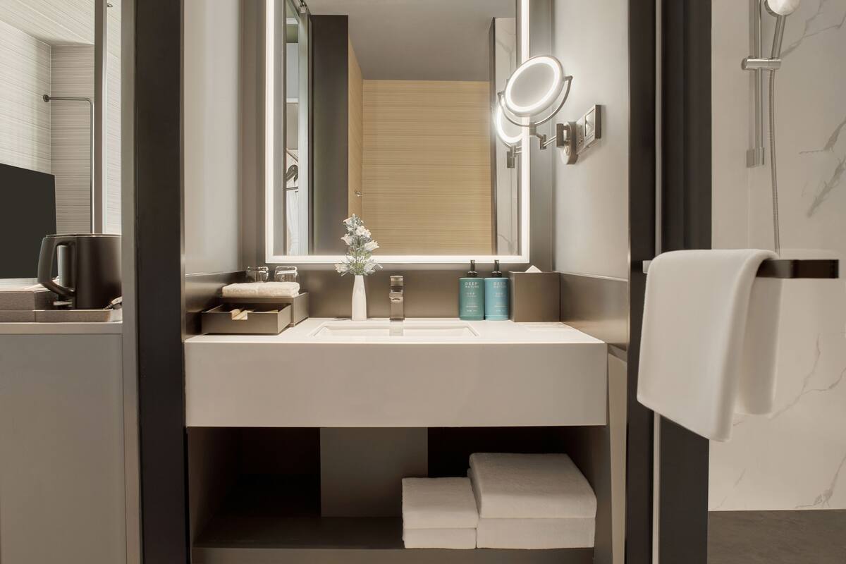 Une salle de bain moderne avec un grand miroir, un lavabo et une douche.
