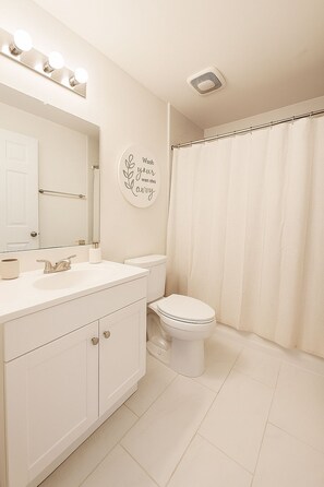 Hair dryer, towels, soap, shampoo