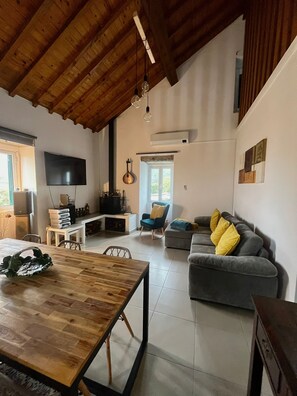 Smart TV, fireplace, DVD player, books