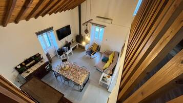 Smart TV, fireplace, DVD player, books