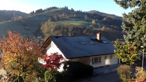Une maison avec un toit en pente, une cheminée bien visible et une allée pavée menant à l’entrée.