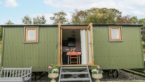A green metal building with a wooden door, a bench, and two potted plants. - Brondel Luxury Shepherd's Hut (Aberystwyth)